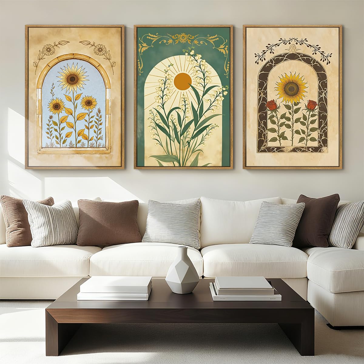 ANHUIB Vintage Boho Floral Wall Decor 16x24 Inch Bohemian wall art Botanical Wall Art Earthy Sunflower Illustration Set of 3 for Living Room Bedroom Office