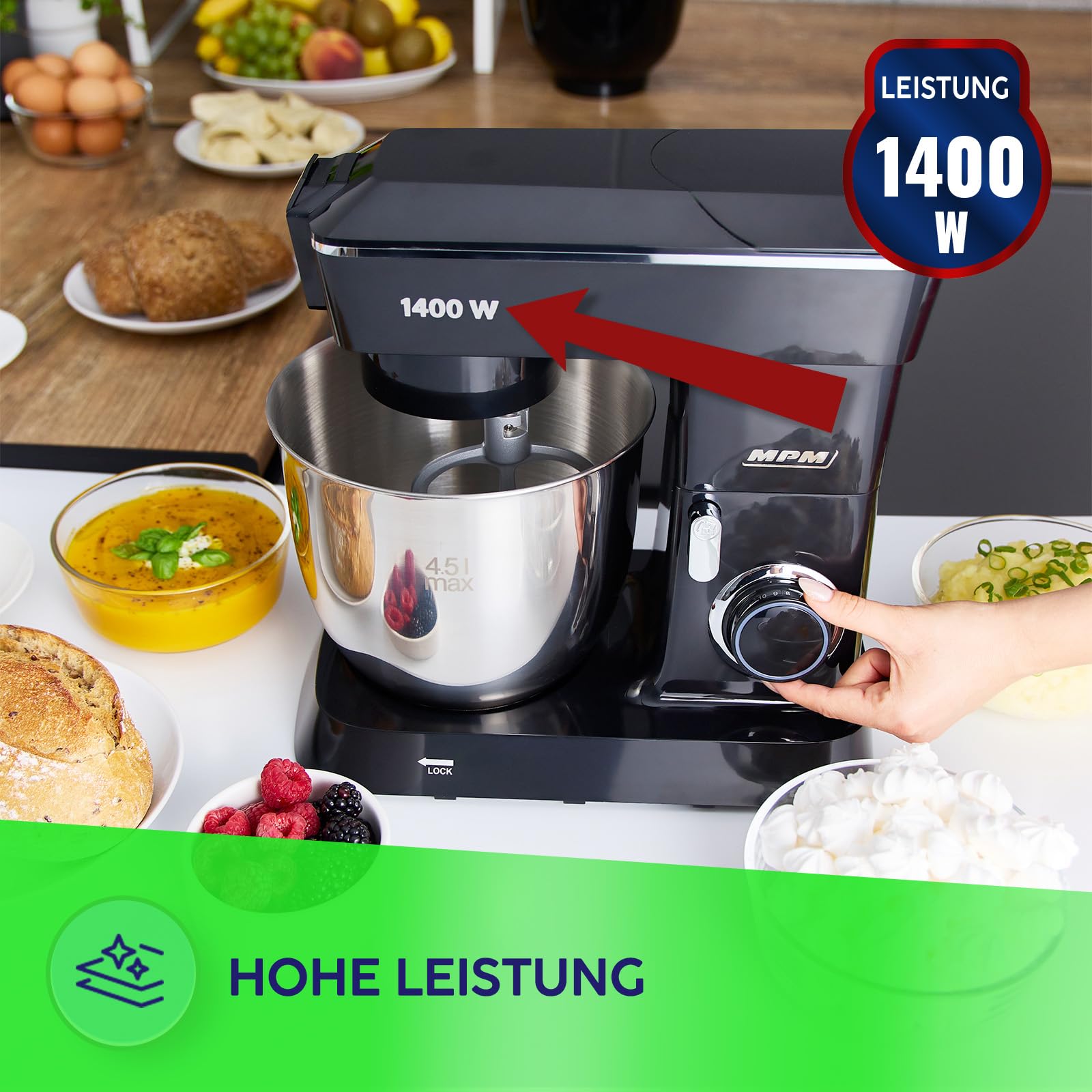 MPM Planetarische Küchenmaschine MRK-24 - Multifunktional Mixer Küche 4,5l - Küchengeräte Vielseitig Einsetzbar 1400W - Zwei Schüsseln - Drei Austauschbare Rührbesen