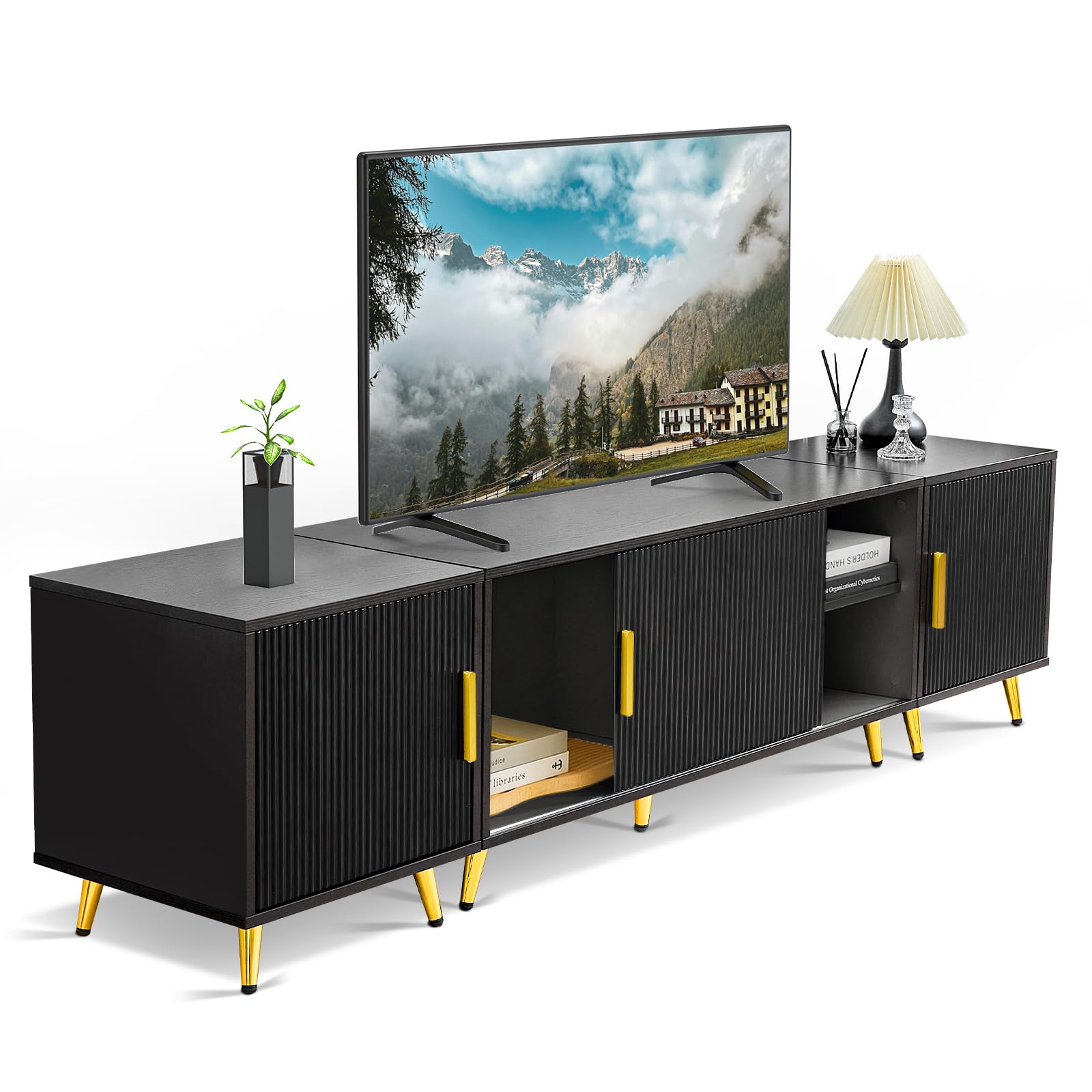 Redlife - Mueble de TV de madera con almacenamiento para televisores de 32 ~ 80 pulgadas, mesa de televisión con patas verticales para salón, dormitorio, color negro