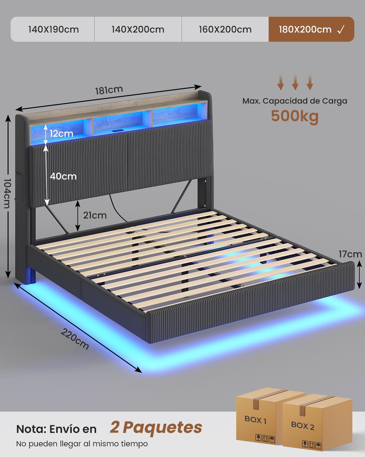 AOGLLATI Cama Matrimonio 180x200 con Almacenamiento Pana Gris Oscuro | Cama con Efecto Visual Levitante Cama con 270°LED y Estación de Carga, Cama Juvenil con Cabecero Marco de Cama Canape