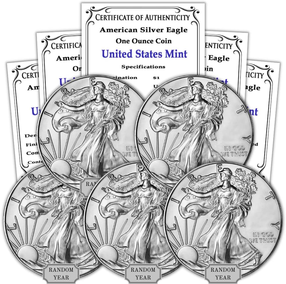 1986 - Present (Random Year) Lot of (5) 1 oz Silver American Eagle Coins Brilliant Uncirculated (Type 1 or 2) with Certificates of Authenticity $1 Seller BU