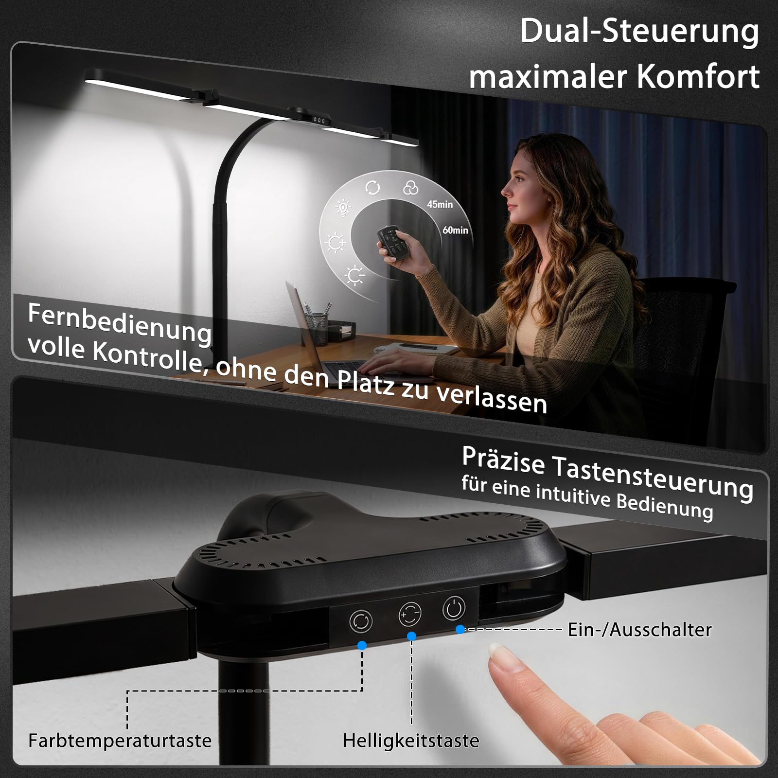 Schreibtischlampe mit RGB, 120cm LED Tischlampe mit Fernbedienung | Monitor Lampe klemmbar dimmbar für mehrere Monitore geeignet, Tageslichtlampe für Büro, Lesen, Architekten, Schneider