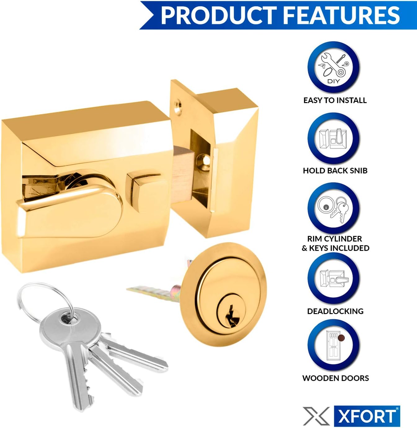 XFORT® Narrow Deadlocking Night Latch 40mm, Complete with Rim Cylinder and 3 Keys, Elegant Polished Brass Nightlatch - Image 4
