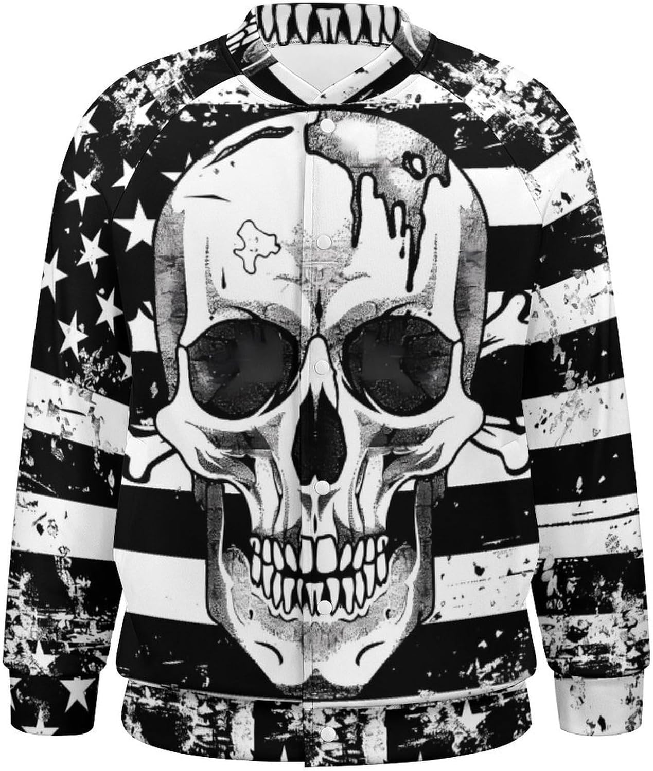 Black White US Flag with Skull Novelty Men's Baseball Jackets Causal Sweatshirt Button Top Long Sleeve Coat