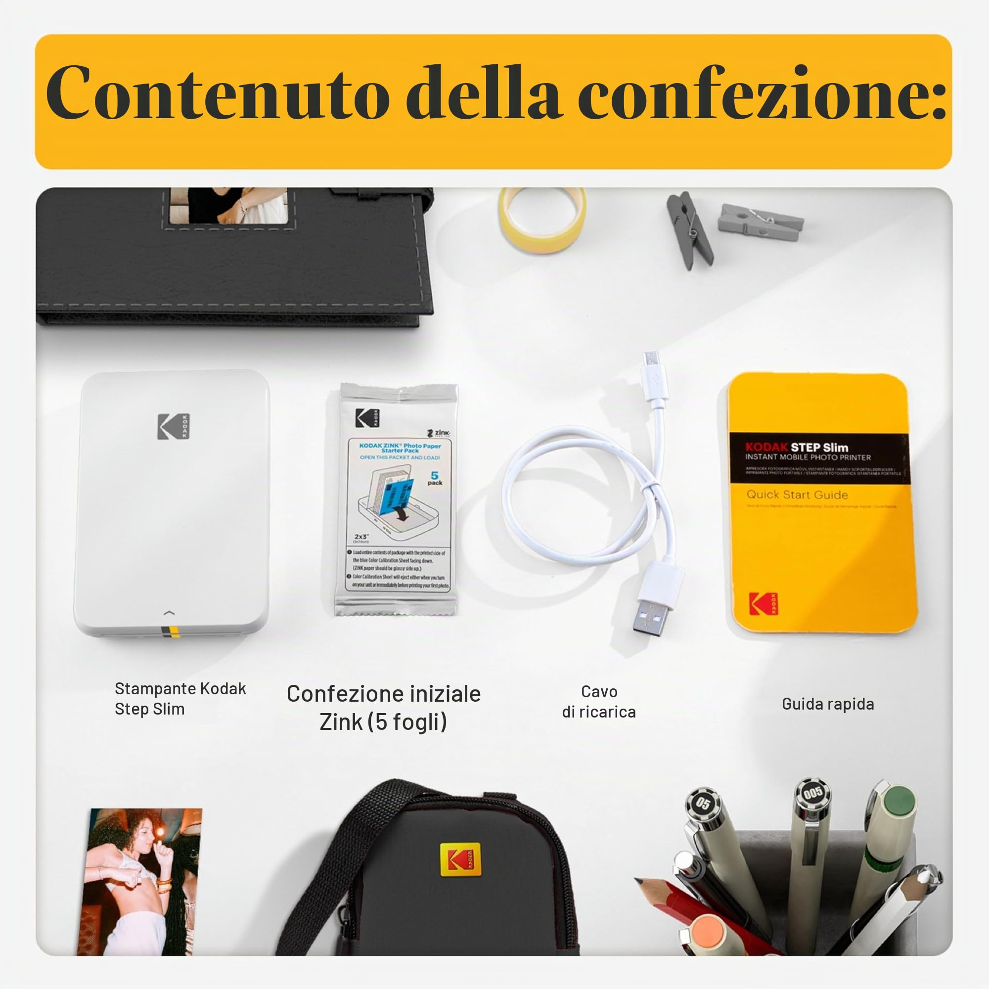 Stampante fotografica mobile istantanea Kodak Step Slim - Kit: confezione da 20 fogli di carta Zink, custodia