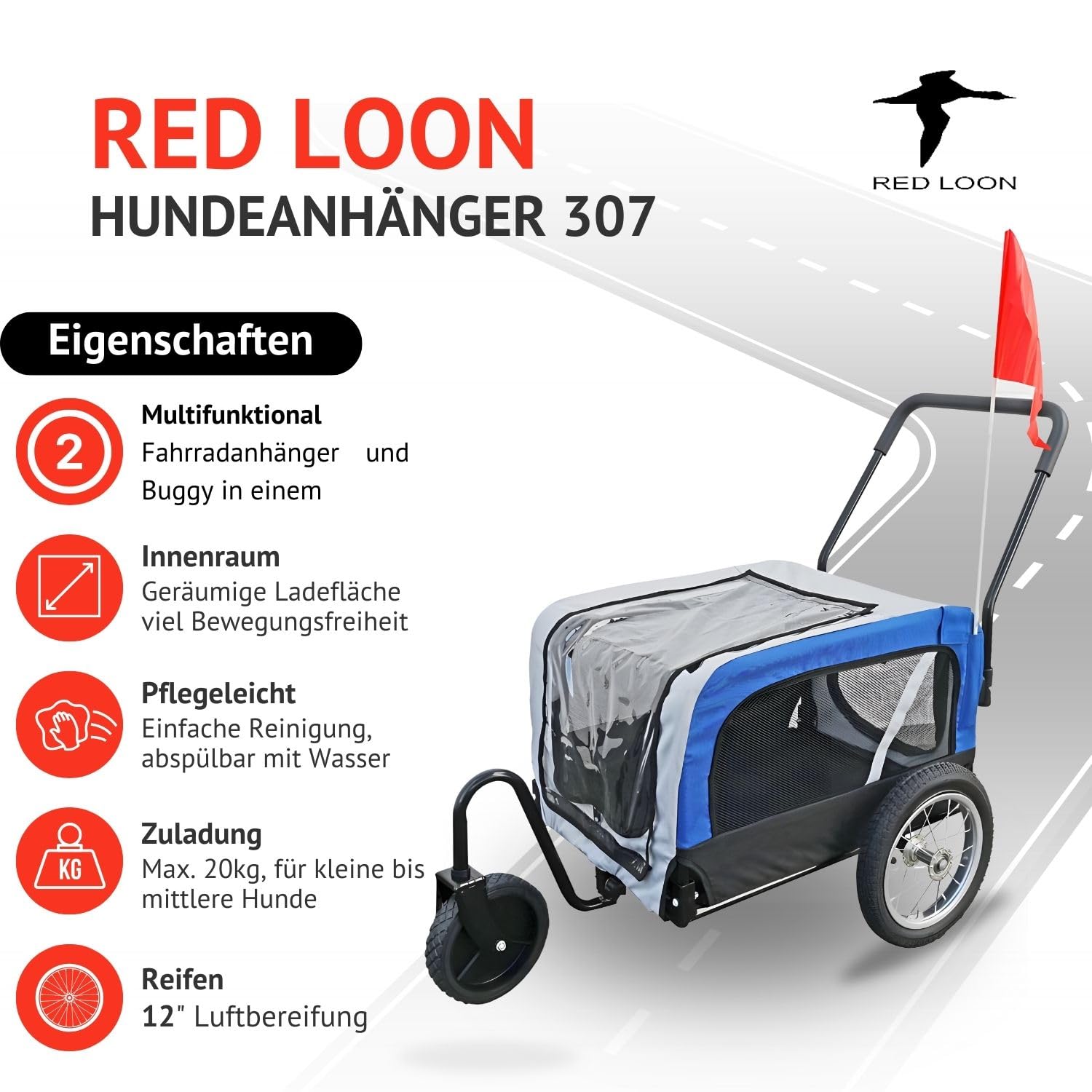 Hundeanhänger 2in1 Fahrradanhänger Hundetransporter - Red Loon Mini Anhänger & Jogger/Buggy blau - Radanhänger Fahrrad Transporter Hundebuggy - inkl. Fahne