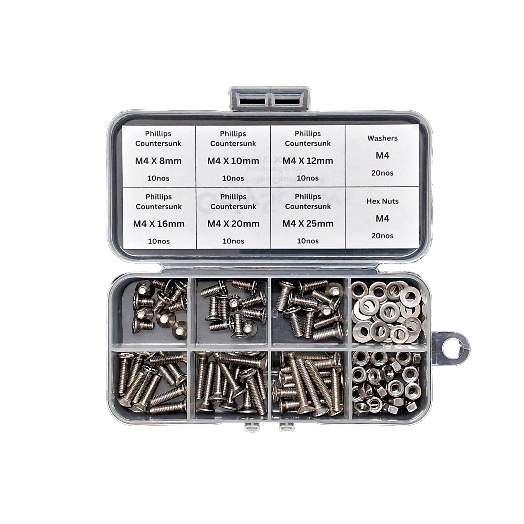 M4 Phillips Countersunk Screws, SS304 Stainless Steel, Assorted Box Set with Washers and Nuts, 110 Pieces, 8mm to 25mm Length-image-23