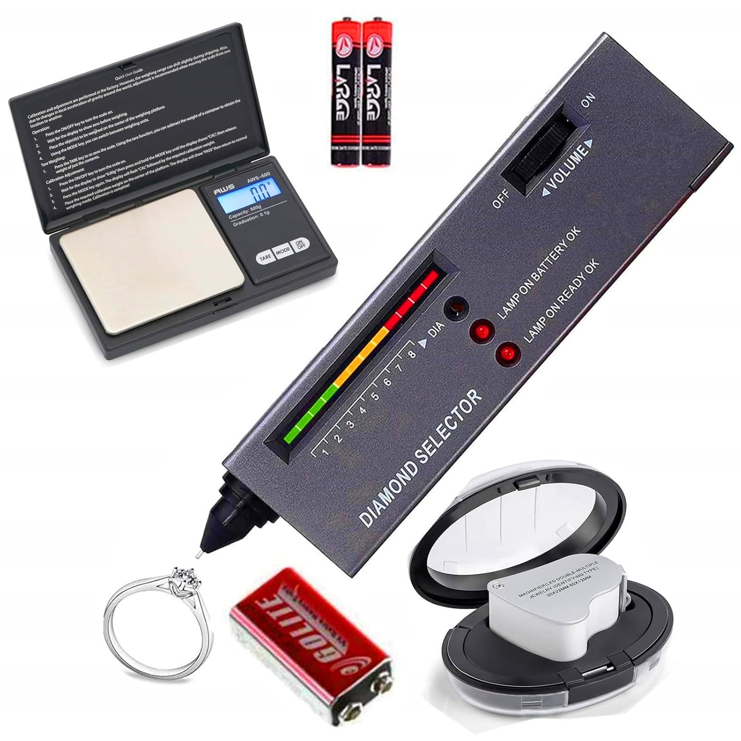 Diamond Tester Pen,Mini Jewelry Scale 200g/0.01g,Jewelry Eye Loupe 30X 60X Illuminated Foldable Magnifying Jewelry Distinguish Tool,Professional Diamond Selector,Thermal Conductivity Meter