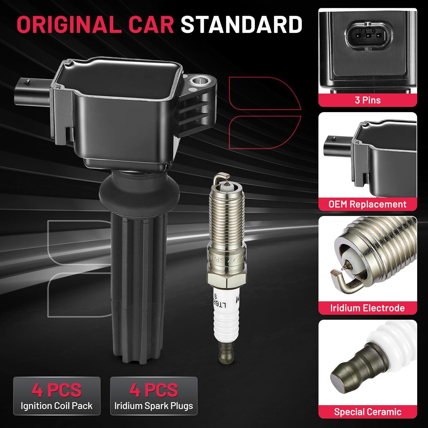 BDFHYK Ignition Coil Pack UF670 and Iridium Spark Plugs LTR6BHX Compatible with Lincoln MKC MKT MKZ Edge Escape Explorer Focus Fusion Mustang, Jaguar XE XF Land Rover LR2 2.0L 2.3L L4 EV,Sets of 4