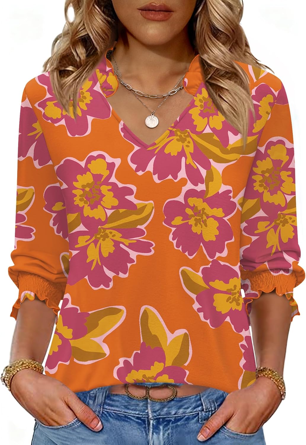 Kistore Tops for Women Dressy Casual 3/4 Length Sleeve Blouses with Pleated Cuffs 2026 Trendy Shirts