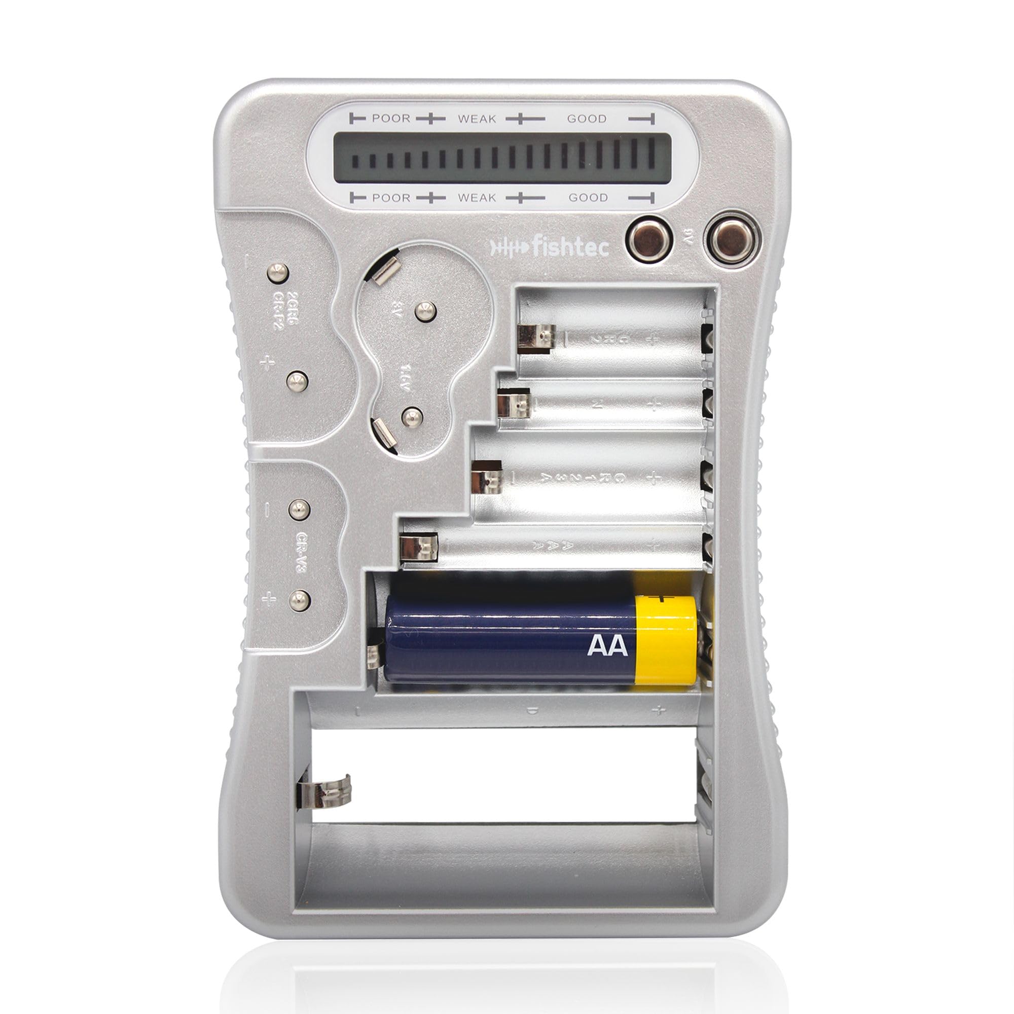 FISHTEC Testeur de Piles Universel Écran LCD 16 Barres AAA AA C D 9V Piles Bouton 1,5-3V Compact 11,9x8,8x2,3 cm