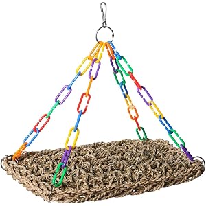 Bird Grass Swing Mat Parrot Climbing Seagrass Bird Swing Toy With Hanging Hooks,Multi Purpose Climbing Perch Designed To Engage Small Birds(M)
