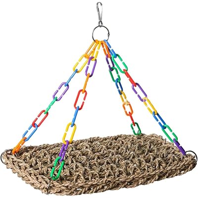 Bird Grass Swing Mat Parrot Climbing Seagrass Bird Swing Toy With Hanging Hooks,Multi Purpose Climbing Perch Designed To Engage Small Birds(M)