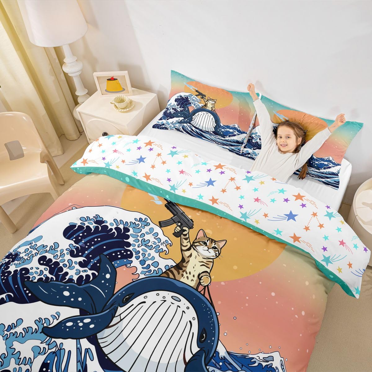 Homewish Whale Beach - Set di biancheria da letto con copripiumino super king size kawaii coraggiosi gatto giapponese acquerello cielo stellato tramonto copripiumino blu oceano onde Ukiyoe set da