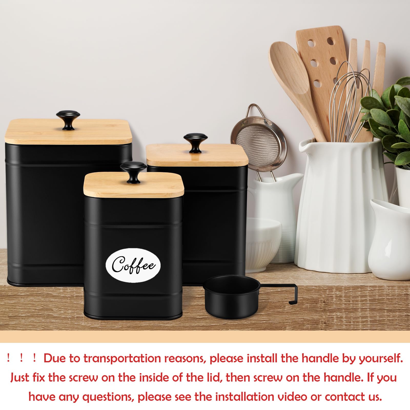 Tioncy 3 barattoli da cucina in metallo con coperchio in bambù, cucchiaio, ermetici, ad alta capacità, per caffè, tè, zucchero, farina, con etichette fai da te, contenitori extra large (nero)