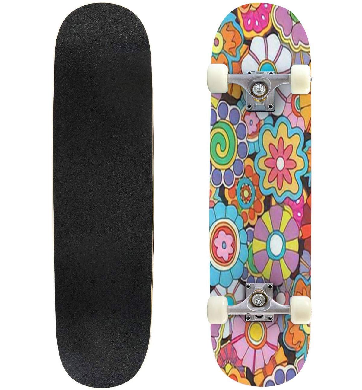 Classic Concave Skateboard Psychedelic Art Floral Background Hippie Style Pattern Colorful Longboard Maple Deck Extreme Sports and Outdoors Double Kick Trick for Beginners and Professionals