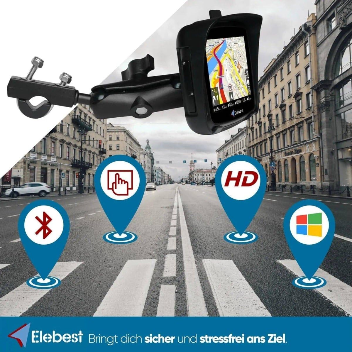 Elebest Rider W5 – 5 Zoll Motorrad-Navi | Wasserdicht (IPX7), Stabile Lenkerhalterung, Radarwarnung, PC-Tourenplanung & Europa-Karten 2026