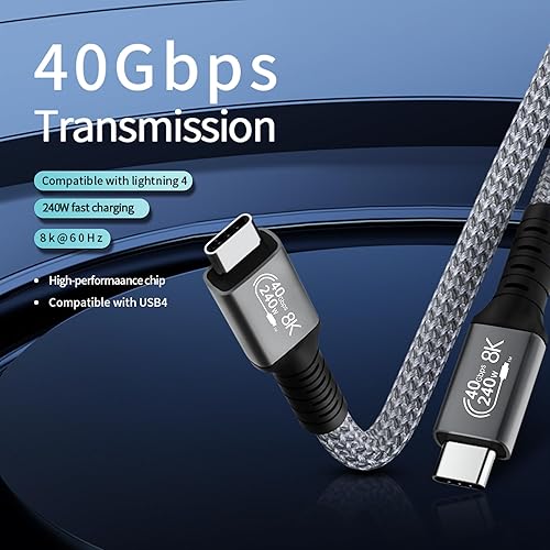 Miniatura 9 de LanSenSu Cable USB 4 de 240 W, transmisión de datos de 3.3 pies y 40 GBps, carga súper rápida PD de 240 W (48 V5A), extensión HD de 8K a 60 Hz para
