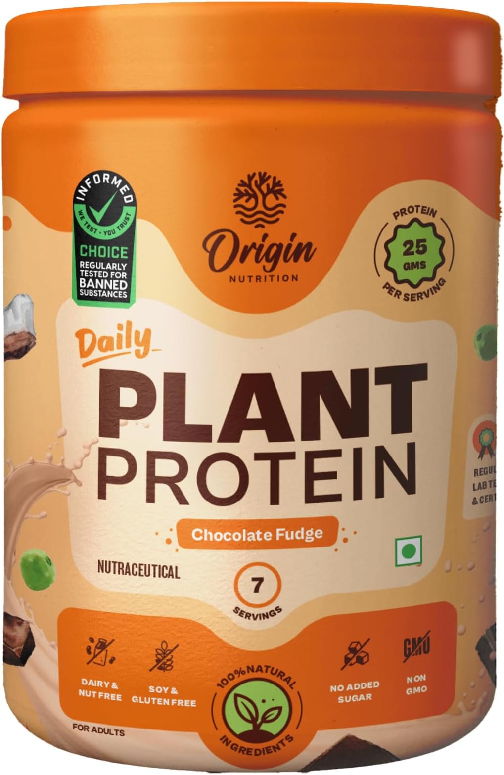 100% Natural Plant Based Protein Powder, Chocolate Flavour with 25g per serve Plant Based Protein, Gluten Free, Dairy Free, No Added Sugar, Soy Free, Non - GMO, Jain, 7 Servings, 283g