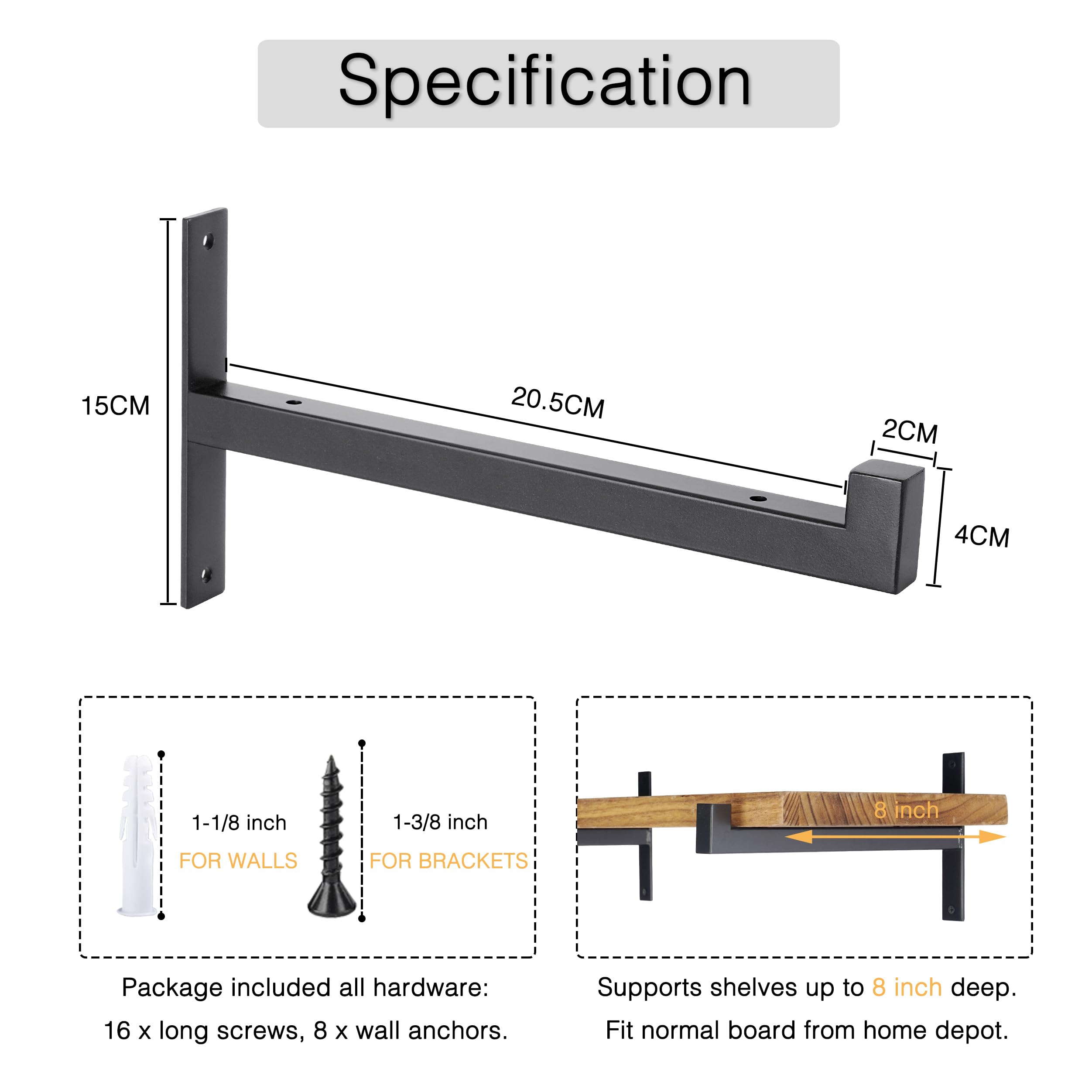 OVOV 8-Inch Heavy Duty Shelf Brackets – 4-Pack Wall Mounted Industrial Steel Supports With Screws