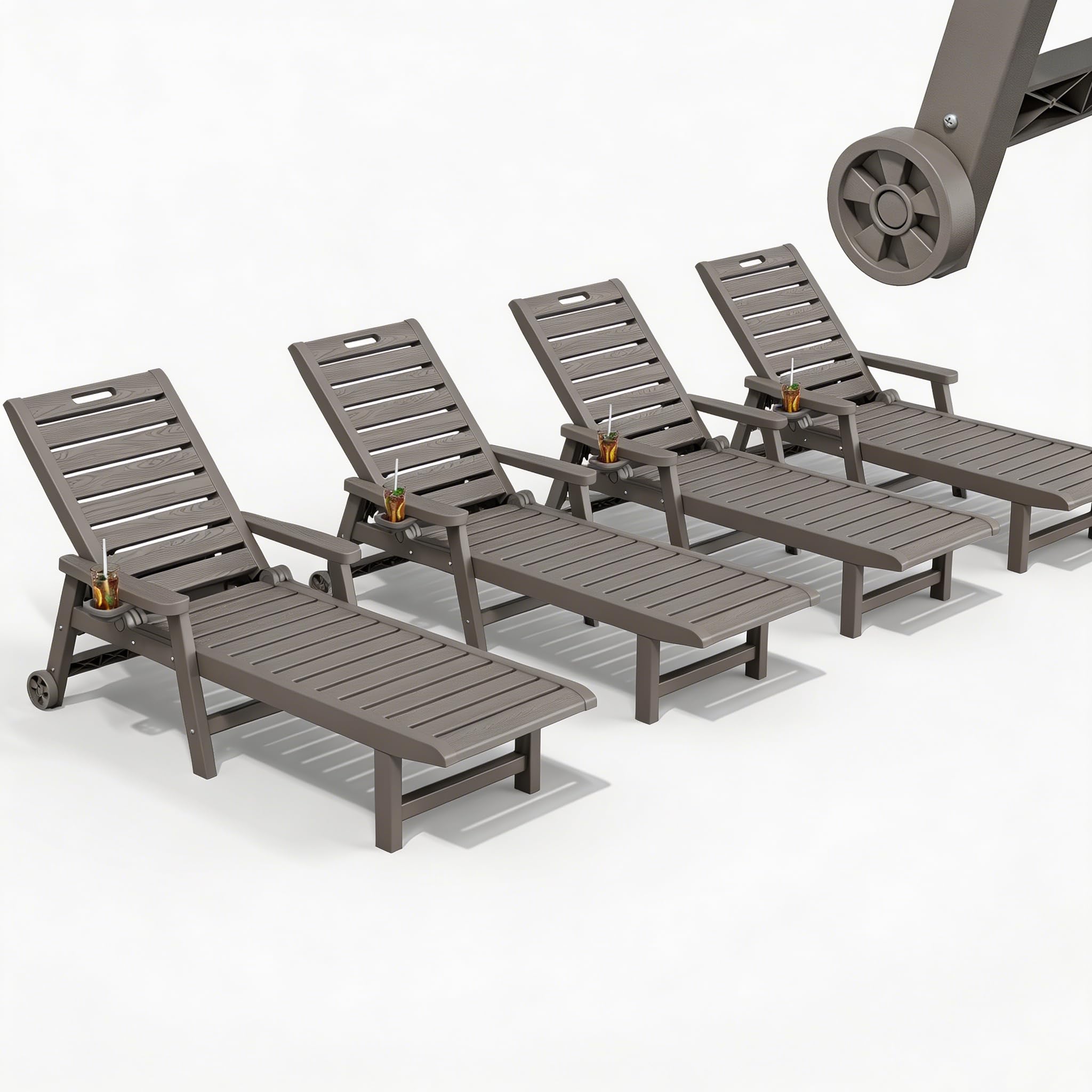 HDPE Outdoor Lounge Chair Set of 4 with Wheels &amp; Cup Holder, Grey