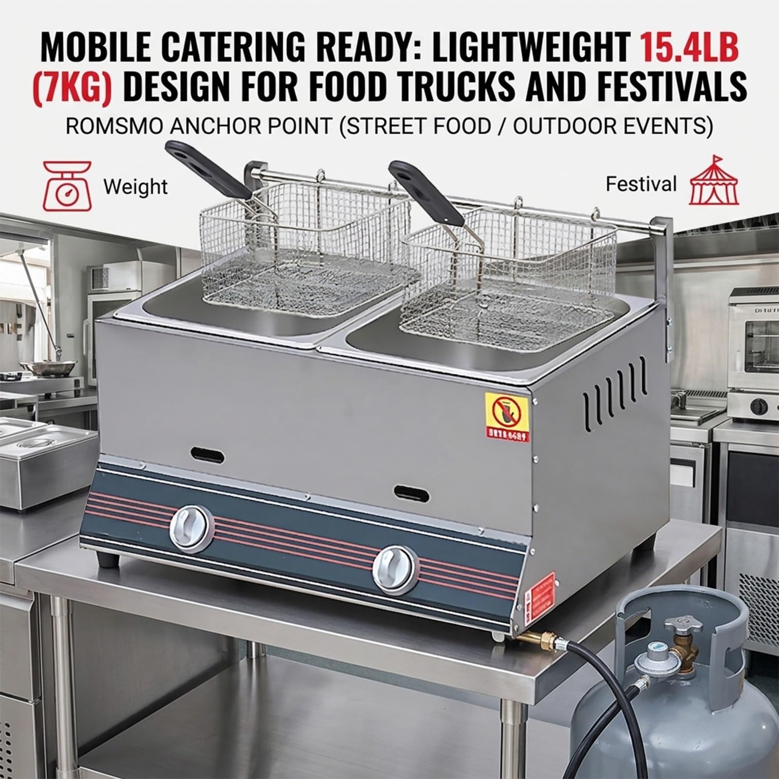2800Pa Bassa Pressione/Friggitrice a Gas 16L/Acciaio Inox 304/Doppia Vasca Professionale per Snack Bar,Pizzerie,Ristorante,Cucina Mobile Rapida,Efficienza Gas Propano