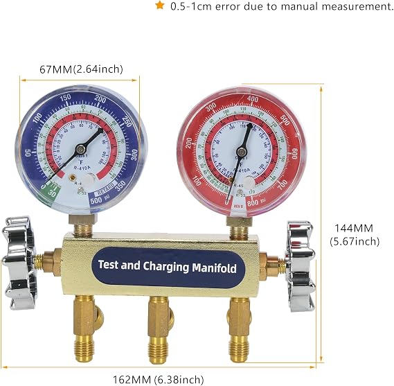 42001 Test & Charging Manifold Kit with 3-1/8 Color-Coded Gauges for R-22 R404A R410A Refrigerants HVAC Manifold Gauge Set 6 Connectors 2-Valve (No Hoses)