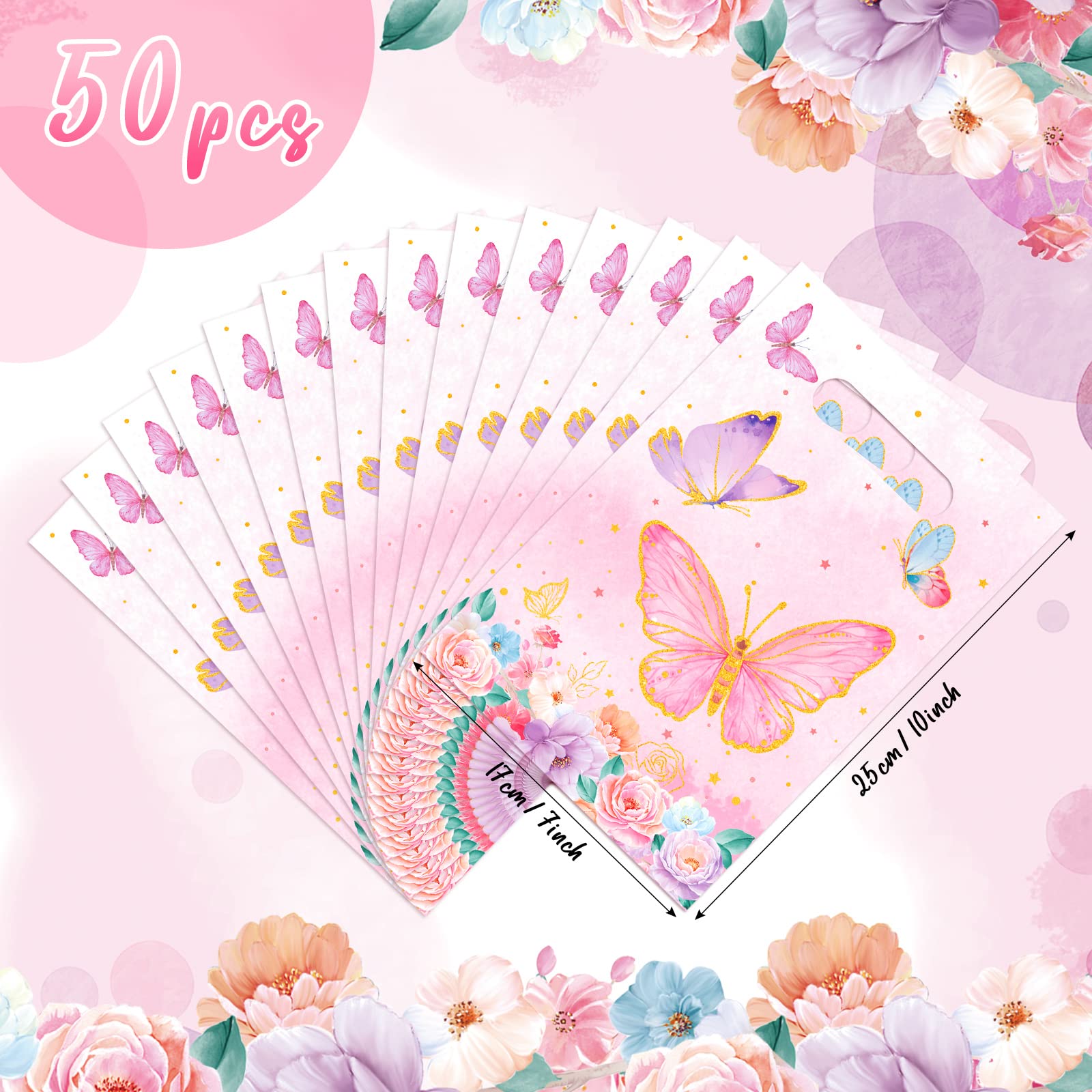 Teling 50 Pcs Butterfly Gift Bags Plastic Small Pink Butterfly Candy Bags Foral Birthday Goodie Bag with Die Cut Handle for Spring Summertheme Party Gift Wrapping Supplies Decor, 7 x 10 Inch