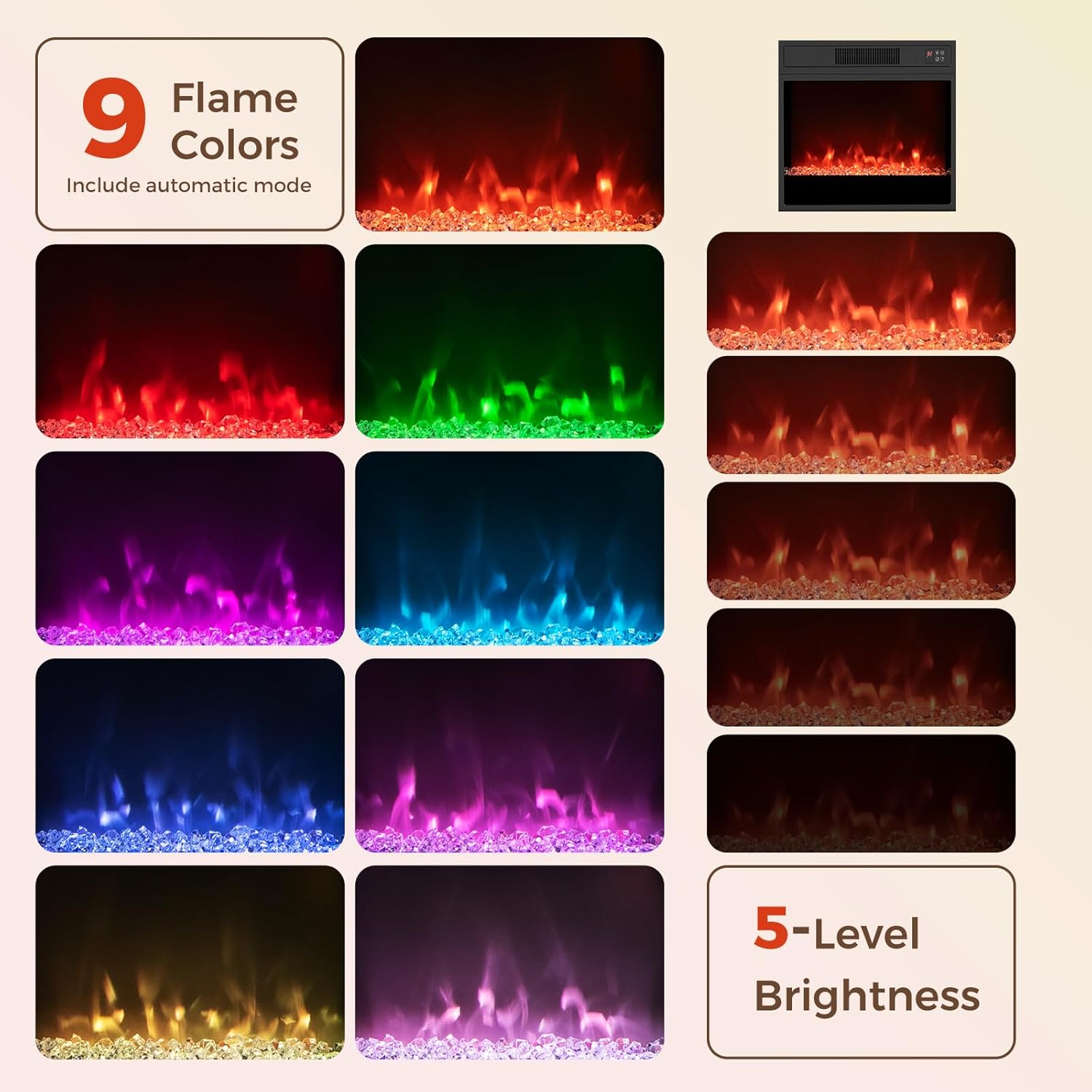 Grid displaying 9 different flame colors and 5 brightness levels for the electric fireplace.
