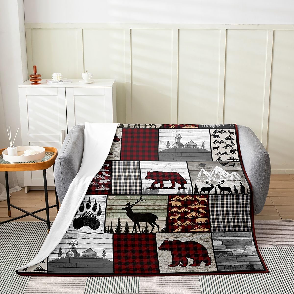 Feelyou Deer Wolf Print Flannel Fleece Throw Blanket Kids,Rustic Farmhouse Fuzzy Blanket for Bed Sofa Couch,All Season Wildlife Decor Bed Blanket Breathable Plush Blanket Room Decor 40"x50"