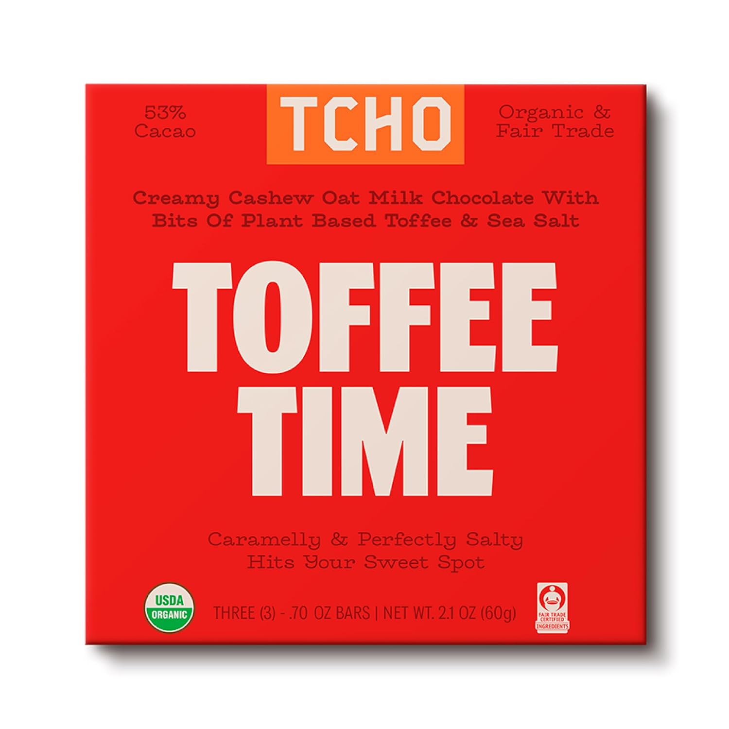 TCHO Toffee Time 53% Oat-Milk Chocolate Bars (5 pack) | Plant Based, Organic & Fair Trade | Non GMO, Non-Dairy, Vegan Chocolate, Soy Free (2.1oz each)