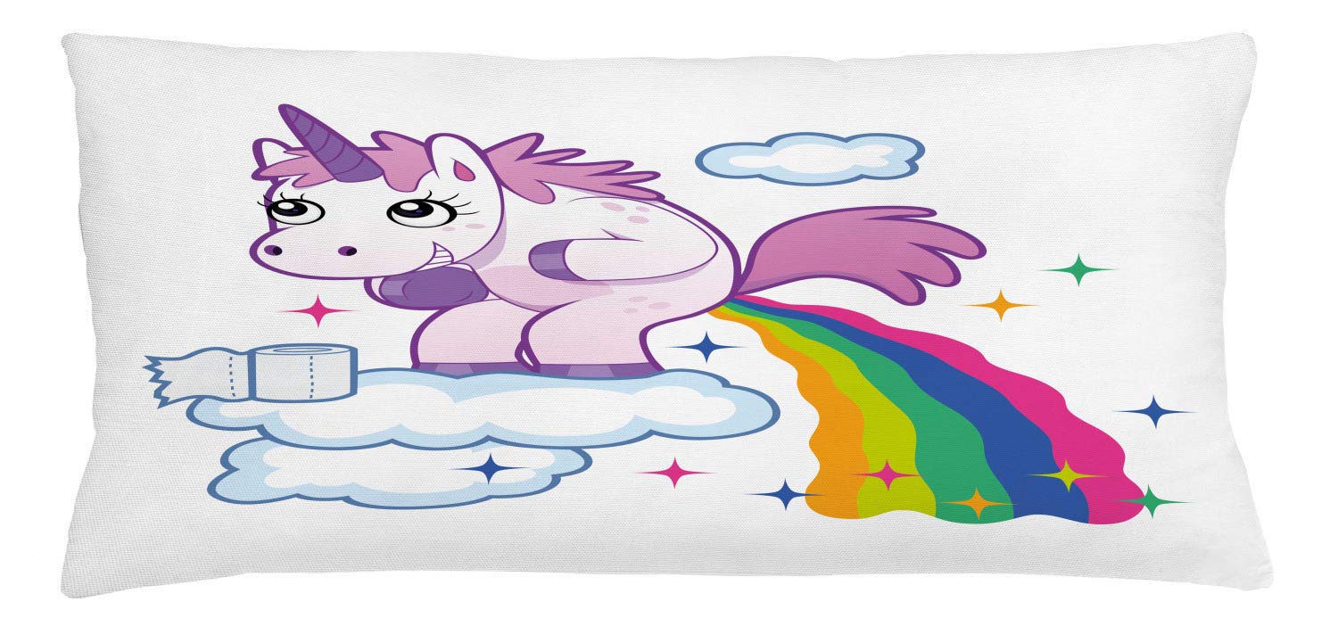 Lunarable Funny Throw Pillow Cushion Cover, Unicorn Pooping Rainbow Over Clouds Creative Girls Fantasy Cartoon, Decorative Square Accent Pillow Case, 36