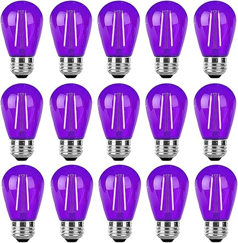 Paquete de 15 bombillas LED S14 de 2 W, bombillas de repuesto de Navidad moradas para exteriores, bombillas LED Edison moradas, base E26, bombilla