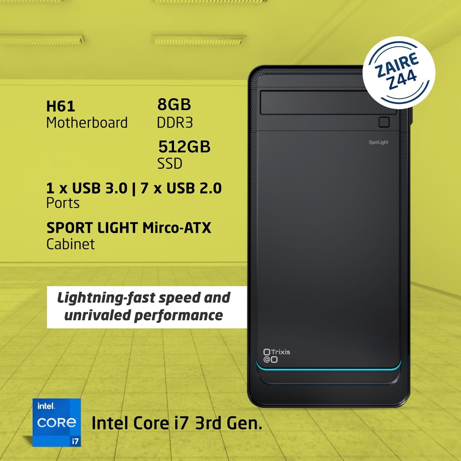 Trixis Zaire-Z46 i7 3rd Generation Computer Desktop PC CPU H61,8GB-DDR3 RAM,Super Fast 512GB SSD and Basic Software Installed – Black