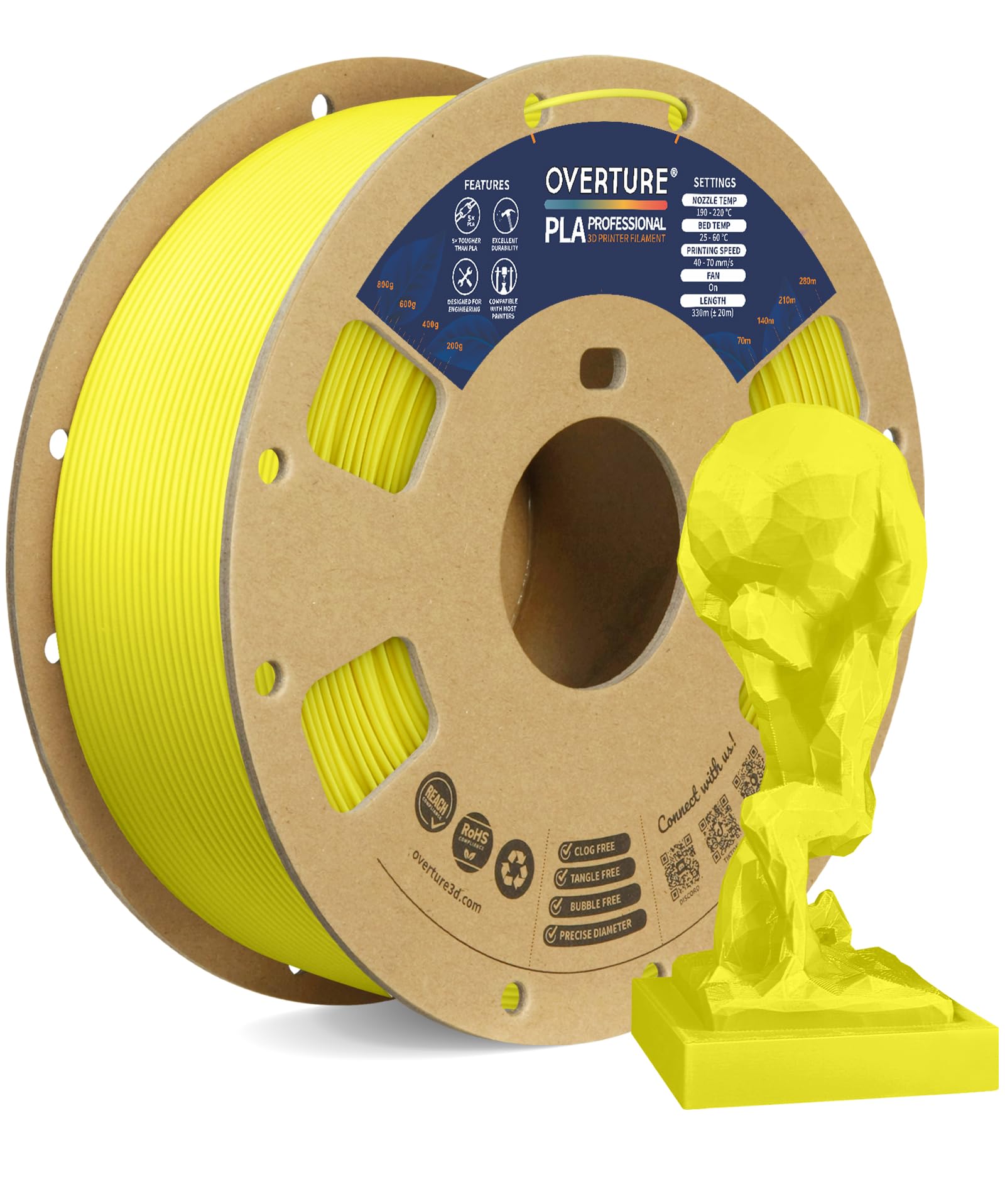 OVERTURE PLA PRO Filament 1,75 mm PLA+ Schlagzäh & Hohe Zähigkeit | Natürliche Farbwirkung • Hohe Schlagzähigkeit • ±0,02 mm Maßgenauigkeit • Geringer Verzug • Für gängige FDM-3D-Drucker