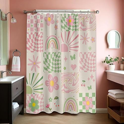 Miniatura 23 de Bonita cortina de ducha rosa Y2k Preppy Kawaii para niñas, decoración de baño a cuadros, tela impermeable con ganchos, 70 pulgadas de ancho x 72