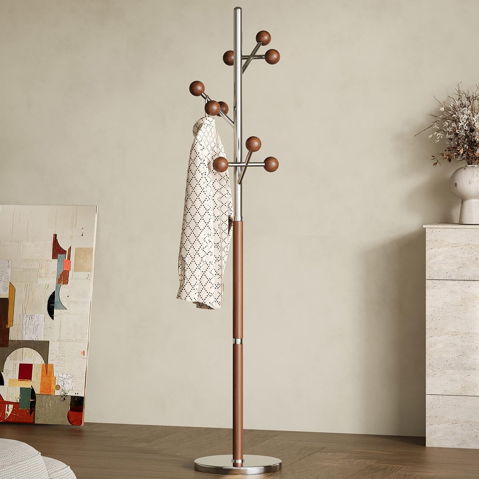 Js Space Walnut Metal Coat Rack Freestanding Coat Hanger Stand With 9 Hooks For Home Office Hall Entryway