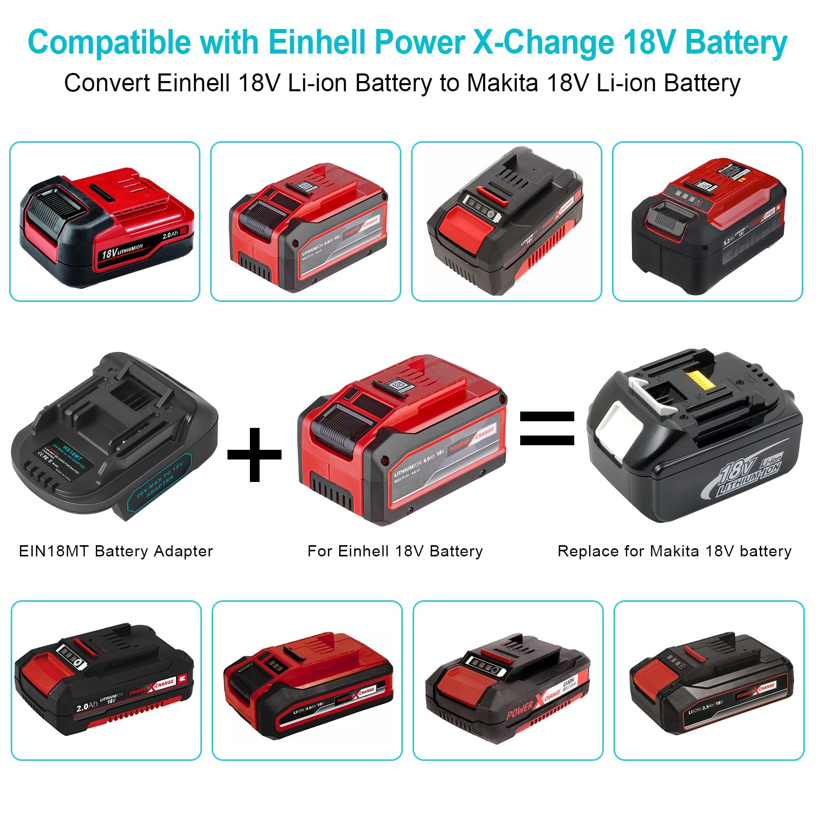 QUPERR USB Adapter baterii kompatybilny z Einhell 18V do Makita 18V | z portami USB-A i USB-C do ładowania.