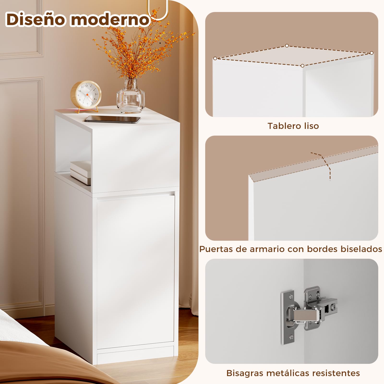 BEWISHOME Mesita de Noche Estrecha Juego de 2 con Compartimento y 1 Puerta | Mesa Auxiliar con Estante 3 Niveles Altura Ajustable,65 x 25 x 30 cm,Dormitorio y Salón,Blanco,EFCG13W