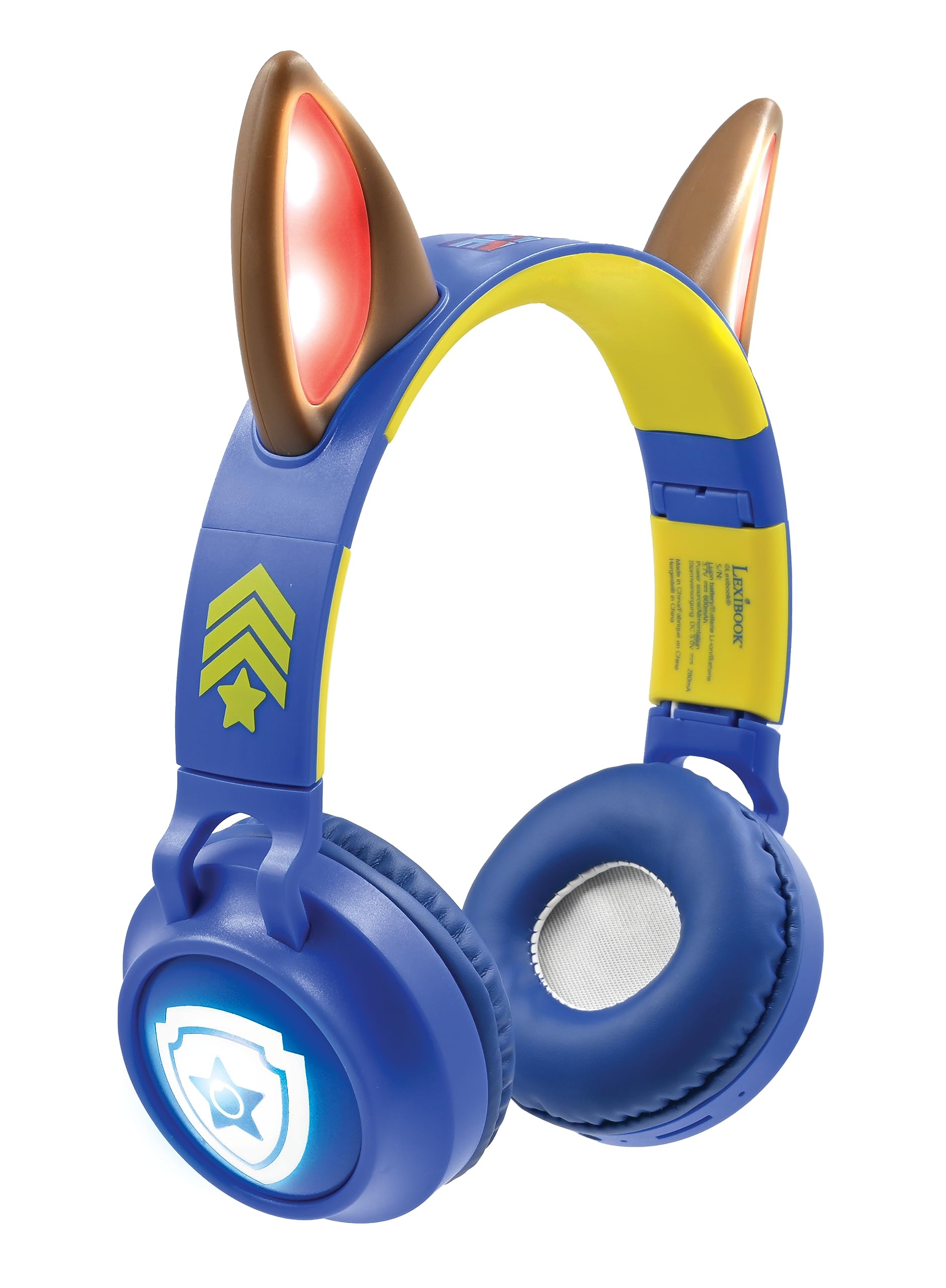 Lexibook - Paw Patrol, 2-1 Cuffie senza fili e con cavo con orecchie Chase, suono di alta qualità limitato a 85 dB, effetti luminosi, pieghevole, regolabile, ricaricabile, HPBT015PALXB