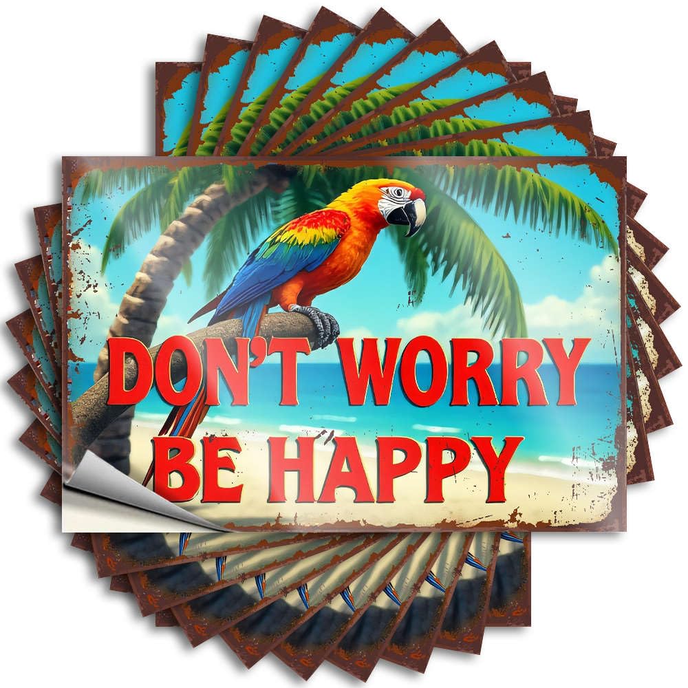 Parrot On Palm Tree with Don't Worry Be Happy Text. Garage Autumn - Backyard Decor Decals Self Adhesive Sticker(8X12CM)
