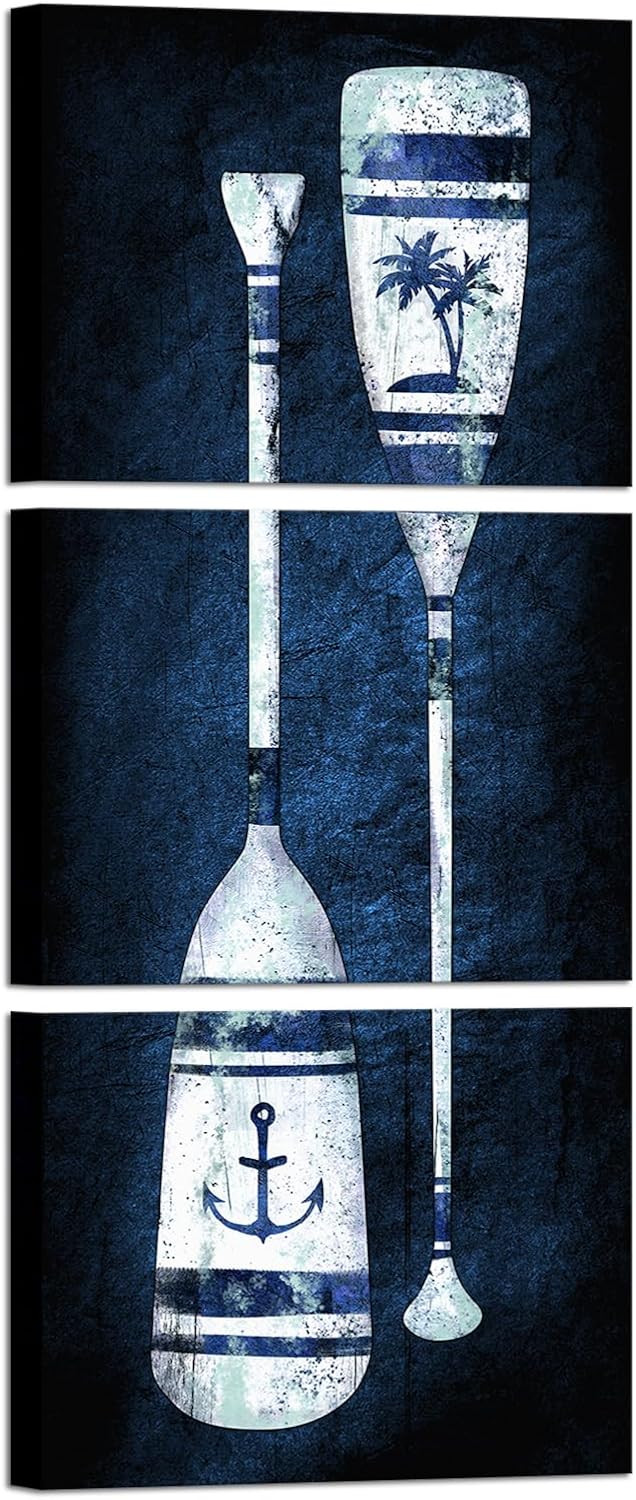 Kalormore Retro Old Oar Canvas Wall Art Rustic Coastal Seascape Picture Prints for Home Wall Decoration Artwork (D-Navy Blue)