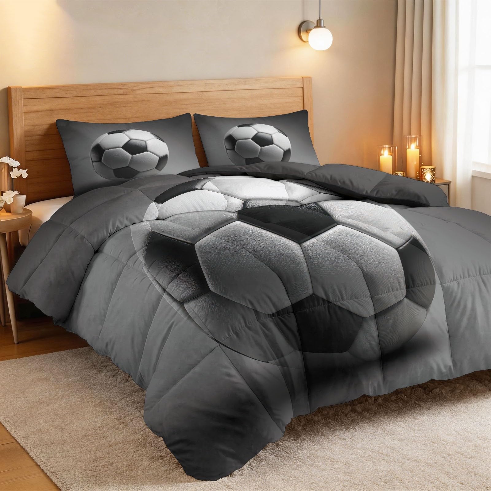 Generisch Grauer Fußball Bettdecke 220 x 240 cm 4 Jahreszeiten Steppdecke, Sport-Geometrie Waschbare Ganzjahresdecke Jungen Bettwaren Set Kinderzimmer Spielzimmer Bettdecke Ohne Bezug