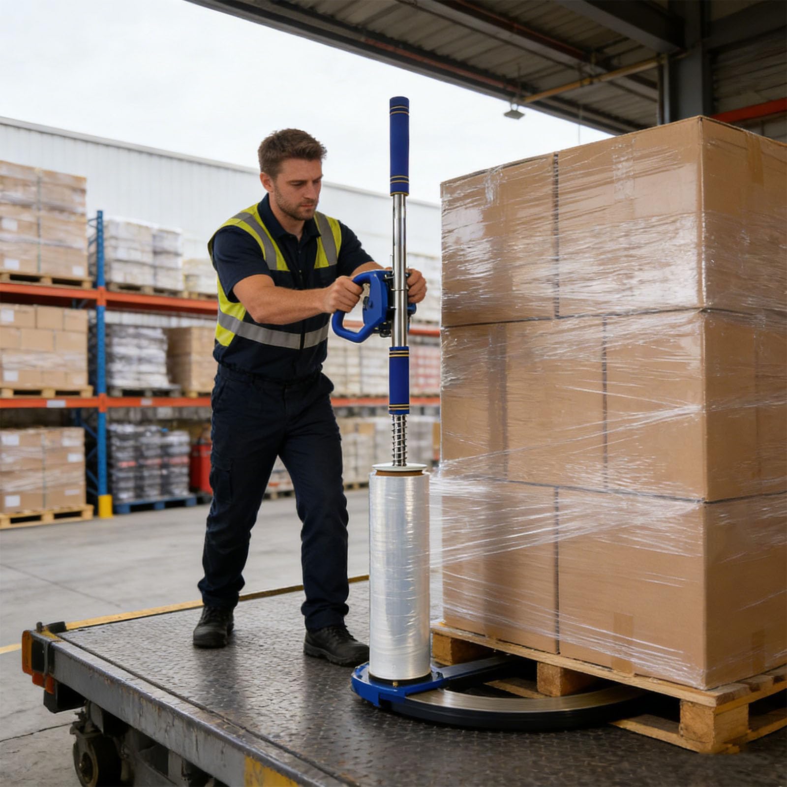 Langstiel Stretchfolie Spender, Stretchfolie Verpackungsmaschine | Verstellbare Länge, für Rollen von 15-50 cm Breite, Rollen 3,8, 5, 7,6 cm für Lager, Logistik, Versandverpackung in Fabriken