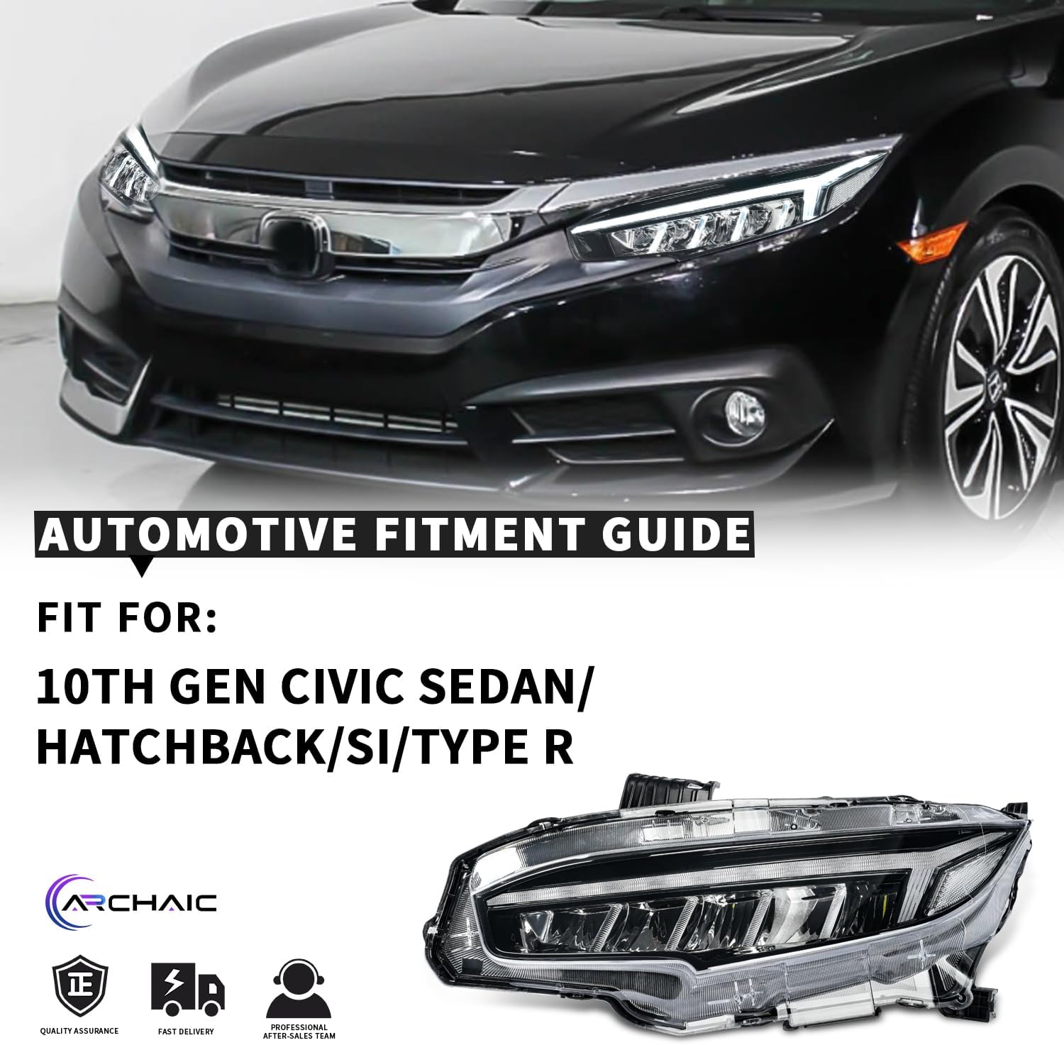 Archaic Headlights Assembly Compatible for 10th Gen Honda Civic 2016-2021,Projector Headlight w Sequential Turn Signal for Civic Sedan/Coupe/Hatchback,for EX/LX/Sport/Touring/Si/Type R, Pair