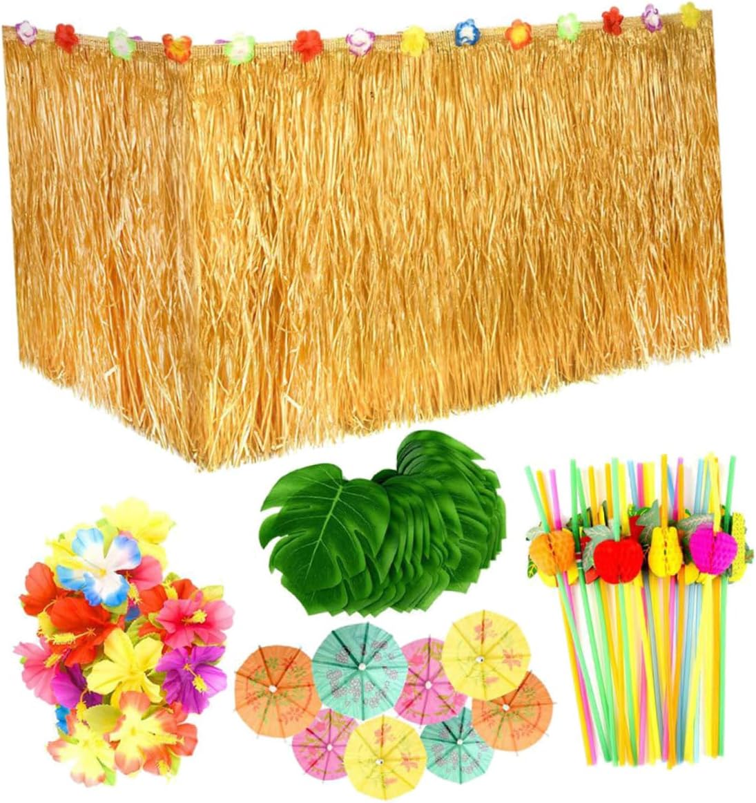 1set Hawaiian Table Skirt Set Monstera Leaves and Hibiscus Flowers for Luau Party Decorations Includes Straw Table Skirt Cocktail Umbrella Toppers and Assorted Straws for Festive