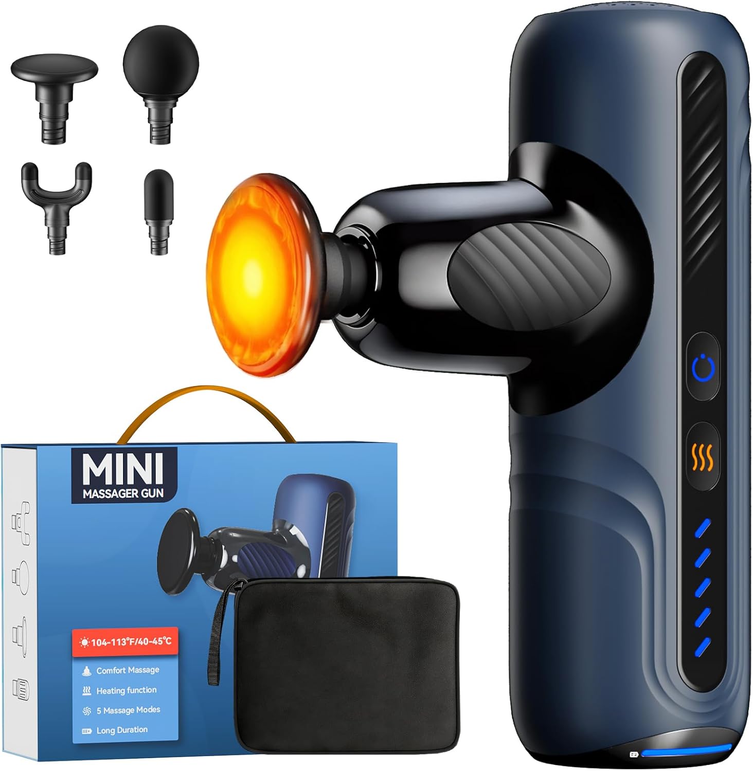 Mini Thermal Massage Gun with Heat, Portable Deep Tissue Percussion Massager with 4 Heads for Neck, Back Comfort, Quiet Operation for Home, Office & Travel, Includes Compact Carry Case (Blue)
