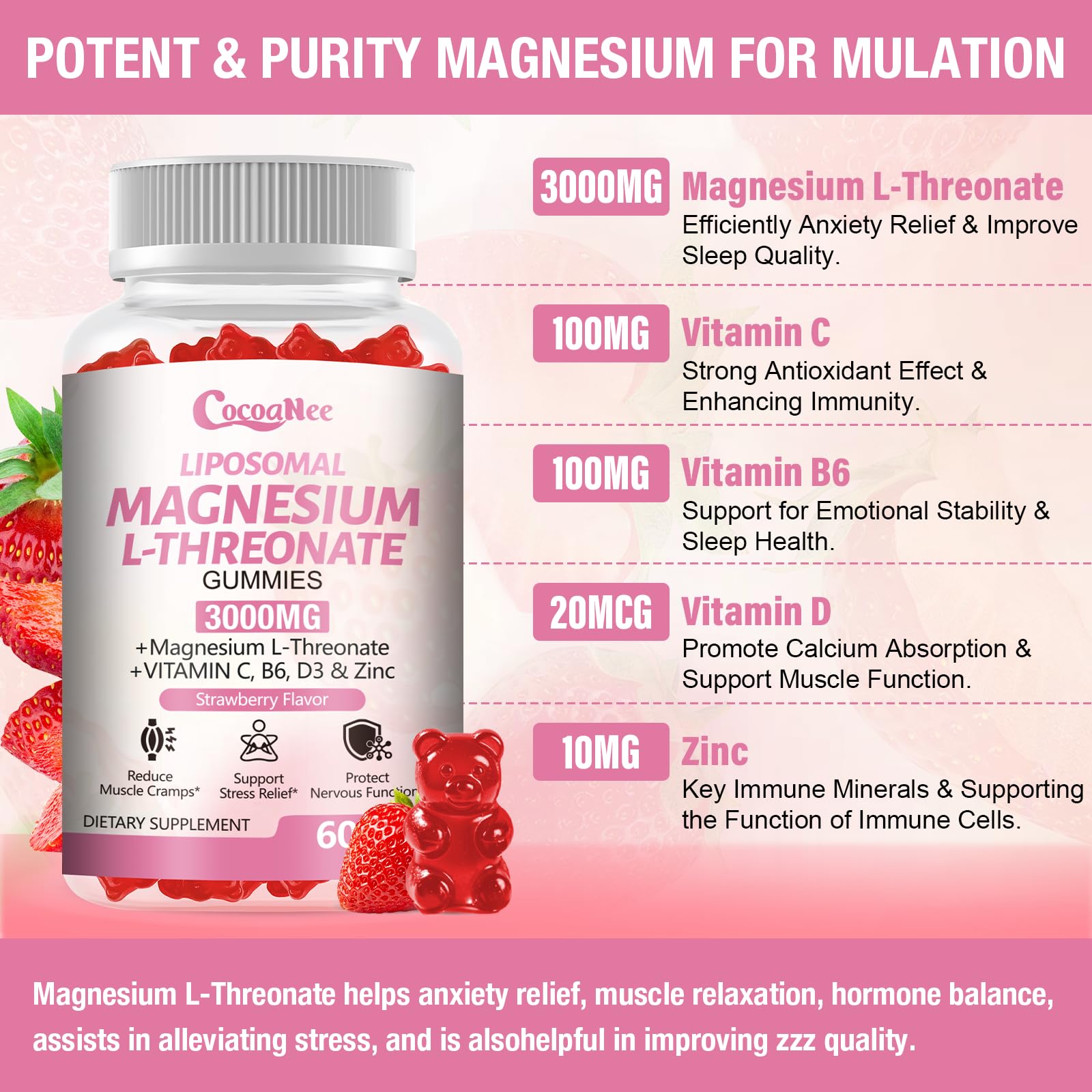 3000mg Liposomal Magnesium Threonate Gummies, Magnesium Glycinate Supplements, Liposomal Enhance 98% Absorption, Muscle Relaxation, Calm Mood Support & Energy Support for Adults, Strawberry Flavor — Amazon image 3