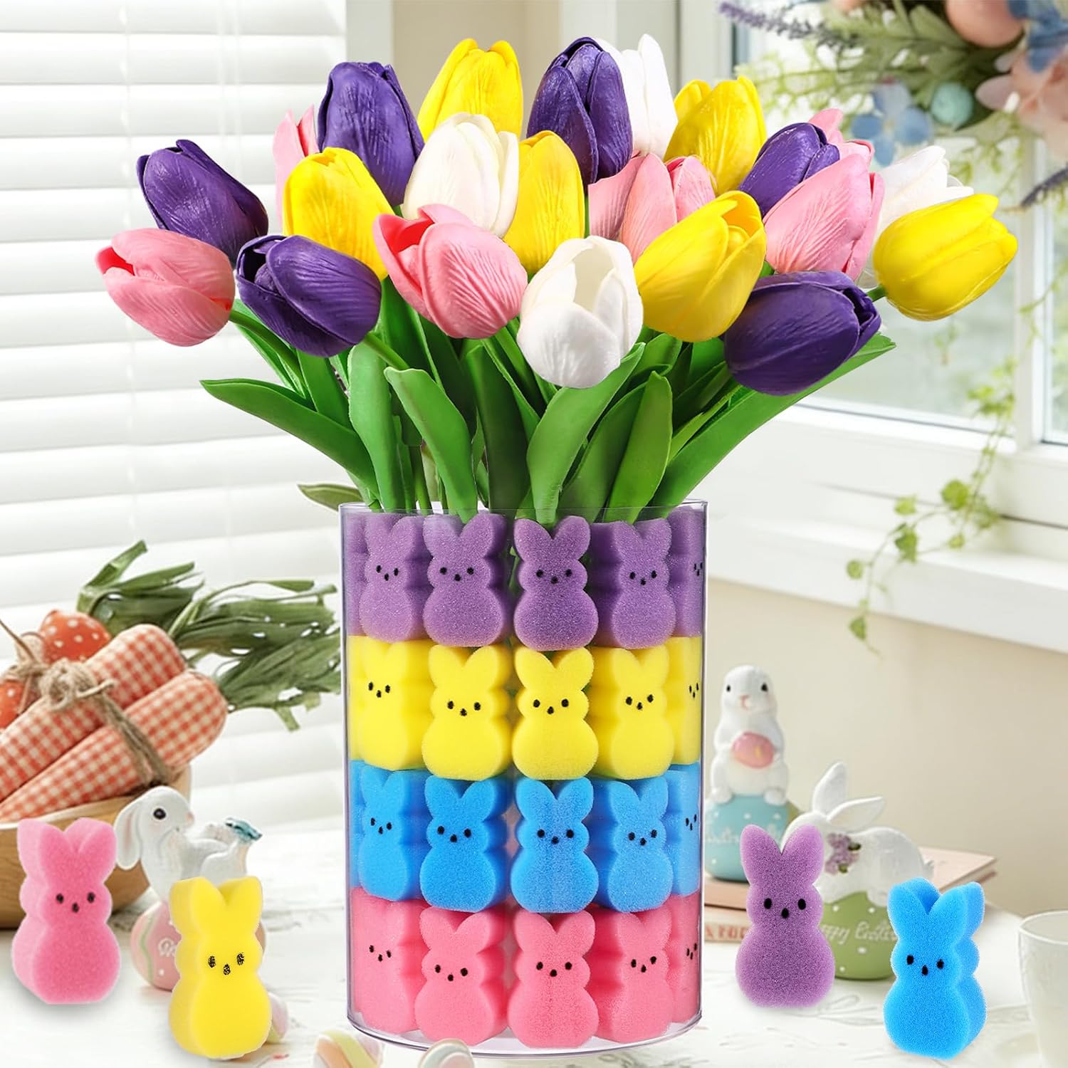JOICEE Easter Decorations 15pcs Artificial Tulips with Sponge Bunnies