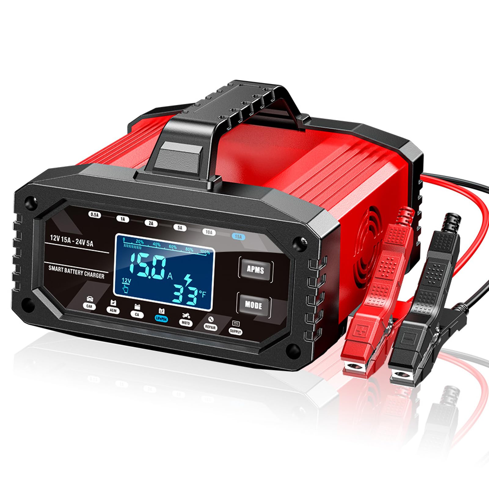 Shkalacar 12V 24V Przenośna ładowarka do akumulatora, zasilacz 15A do ciężarówki samochodowej motocyklowej, wyświetlacz LCD (wtyczka EU)